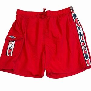Vtg Hobie Swim Trunks Board Surf Shorts Hawaiian Hibiscus 90s‎ Cargo Pocket Red